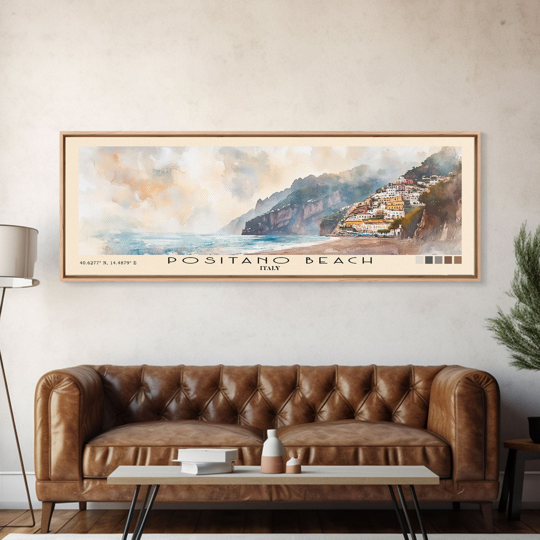 Positano Beach, Italy Watercolor Print, Vacation Gift, Italy Wall Art, Beach Painting, Beach Decor, Large Wall Art, Wood Frame Art