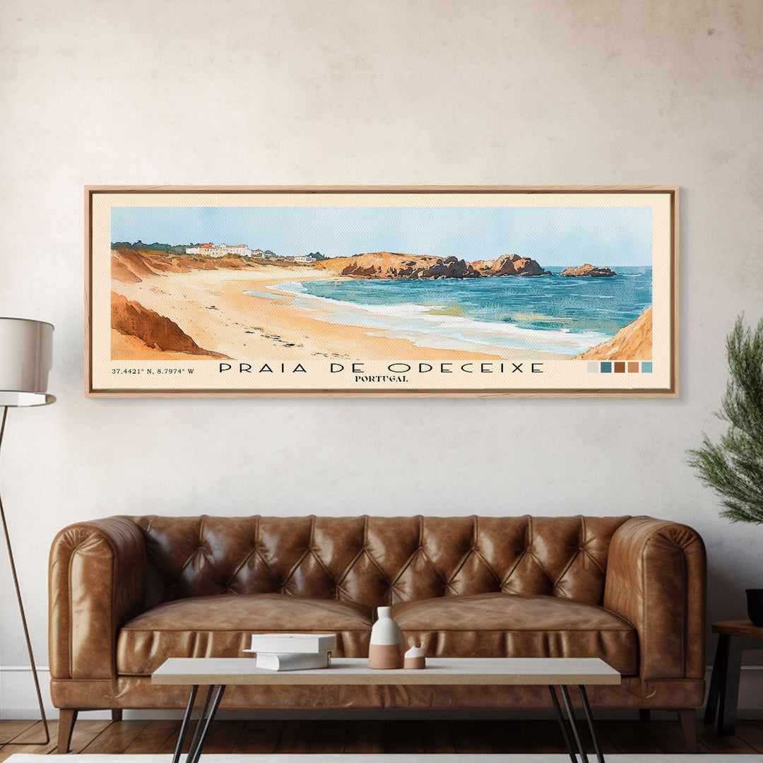 Praia de Odeceixe, Portugal Watercolor Print, Vacation Gift, Portugal Wall Art, Beach Painting, Beach Decor, Large Wall Art, Wood Frame Art
