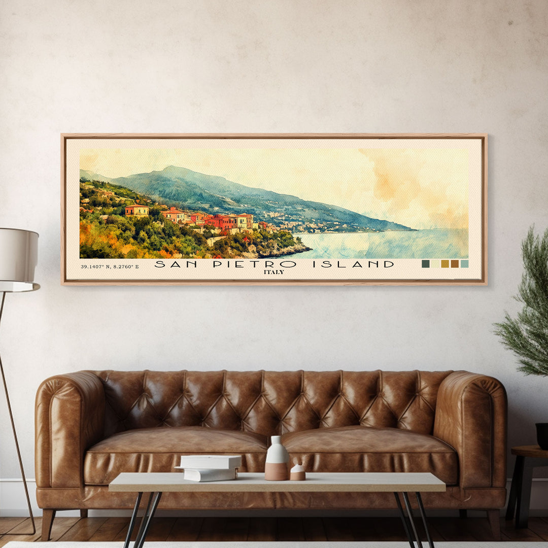 San Pietro Island, Italy Watercolor Print, Vacation Gift, Italy Wall Art, Beach Painting, Beach Decor, Large Wall Art, Wood Frame Art