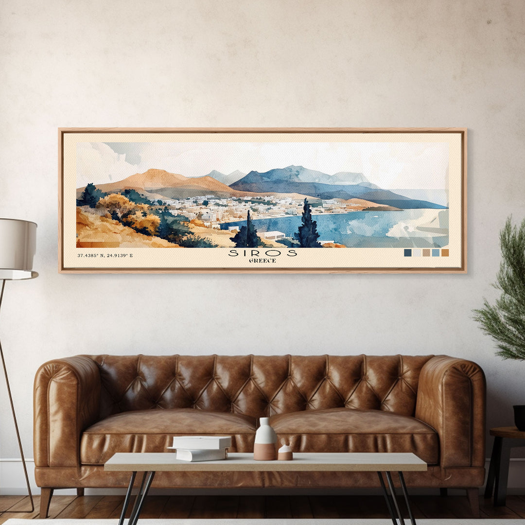 Siros, Greece Watercolor Print, Vacation Gift, Greece Wall Art, Beach Painting, Beach Decor, Large Wall Art, Wood Frame Art