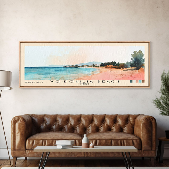 Voidokilia Beach, Greece Watercolor Beach Print, Vacation Gift, Greece Wall Art, Framed Canvas Print, Framed Beach Painting