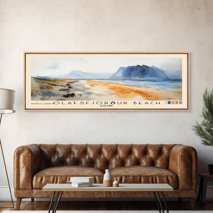 Ólafsfjörður Beach, Iceland Watercolor Print, Vacation Gift, Iceland Wall Art, Beach Painting, Beach Decor, Large Wall Art, Wood Frame Art