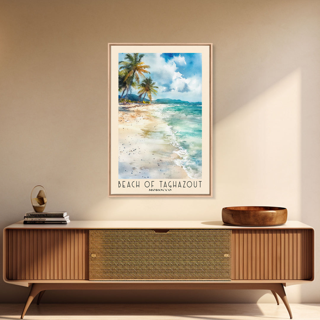 Beach of Taghazout, Morocco Watercolor Beach Print, Vacation Gift, Morocco Wall Art, Framed Canvas Print, Framed Beach Painting