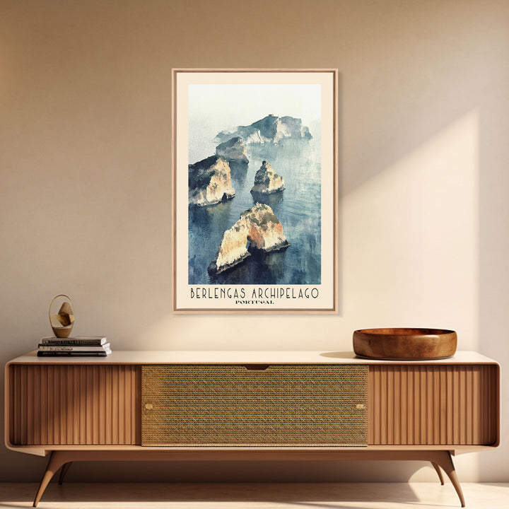Berlengas Archipelago, Portugal Watercolor Print, Vacation Gift, Portugal Wall Art, Beach Painting, Beach Decor, Large Wall Art, Wood Frame Art