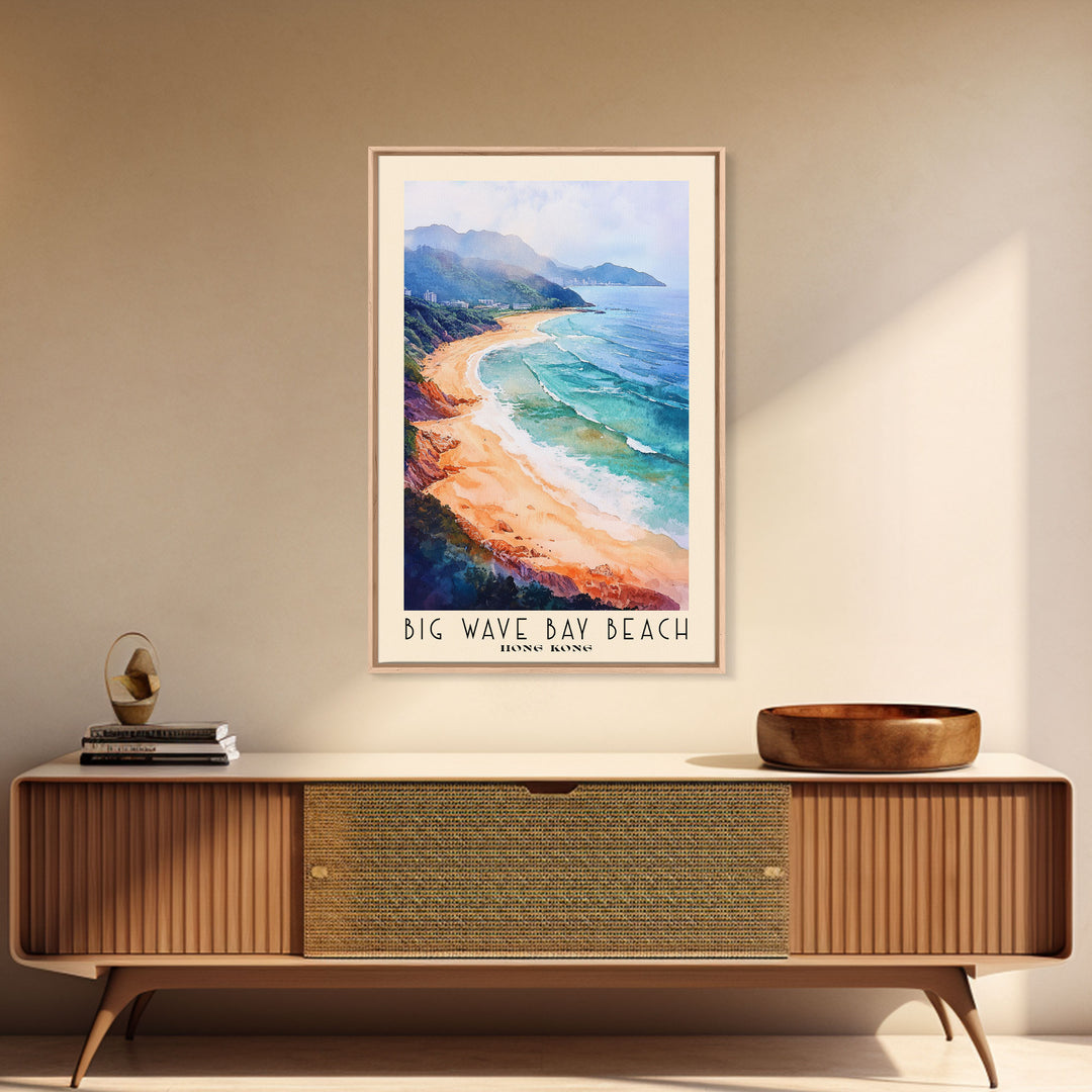 Big Wave Bay Beach, Hong Kong Watercolor Print, Vacation Gift, Hong Kong Wall Art, Beach Painting, Beach Decor, Large Wall Art, Wood Frame Art