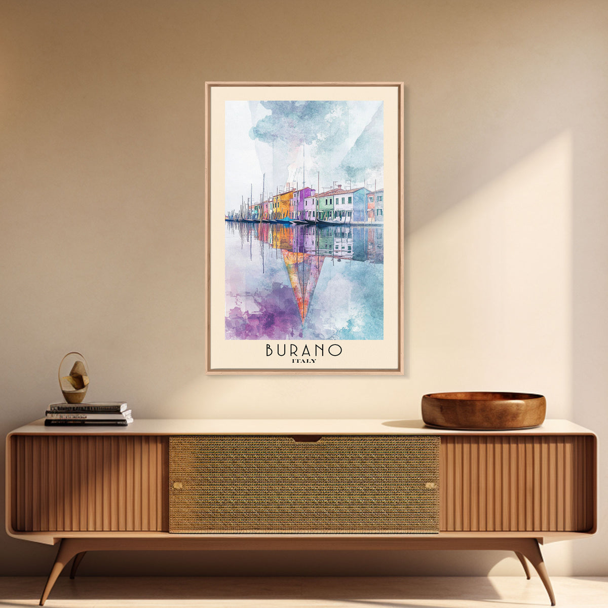 Burano, Italy Watercolor Print, Vacation Gift, Italy Wall Art, Beach Painting, Beach Decor, Large Wall Art, Wood Frame Art