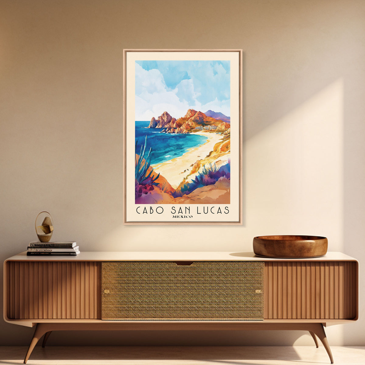 Cabo San Lucas, Mexico Watercolor Print, Vacation Gift, Mexico Wall Art, Beach Painting, Beach Decor, Large Wall Art, Wood Frame Art
