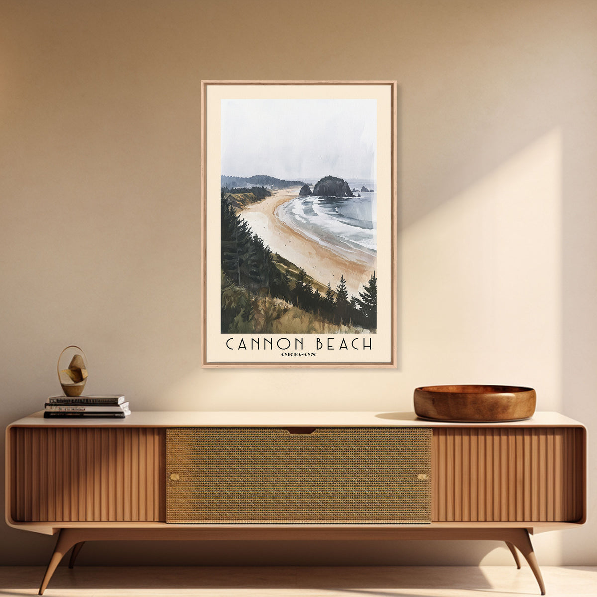 Cannon Beach, Oregon Watercolor Beach Print, Vacation Gift, Oregon Wall Art, Framed Canvas Print, Framed Beach Painting