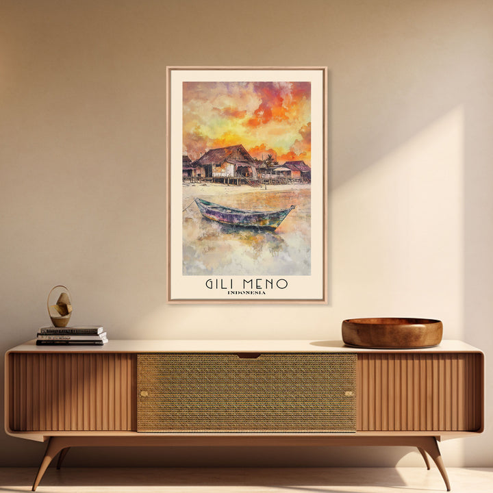 Gili Meno, Indonesia Watercolor Print, Vacation Gift, Indonesia Wall Art, Beach Painting, Beach Decor, Large Wall Art, Wood Frame Art