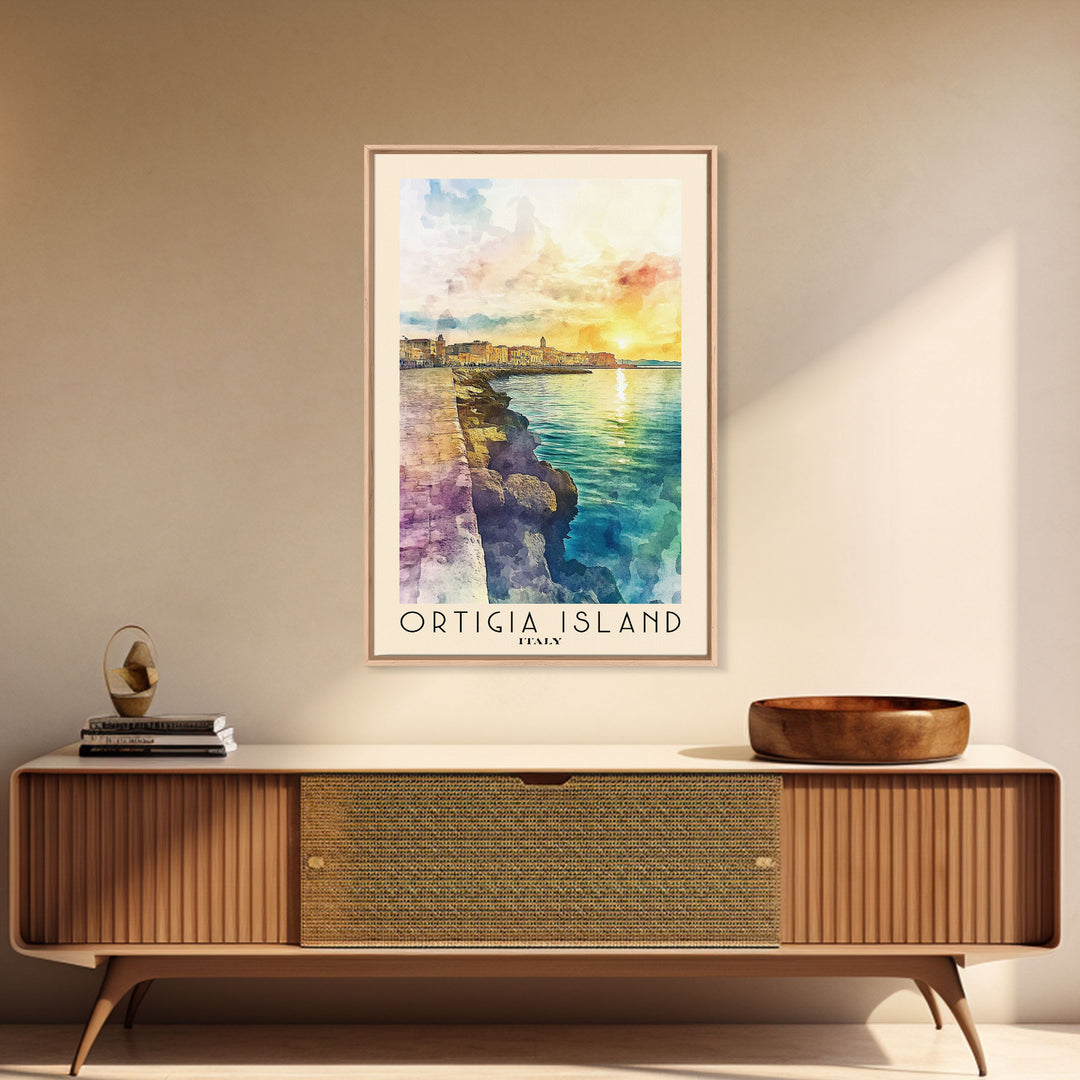 Ortigia Island, Italy Watercolor Print, Vacation Gift, Italy Wall Art, Beach Painting, Beach Decor, Large Wall Art, Wood Frame Art