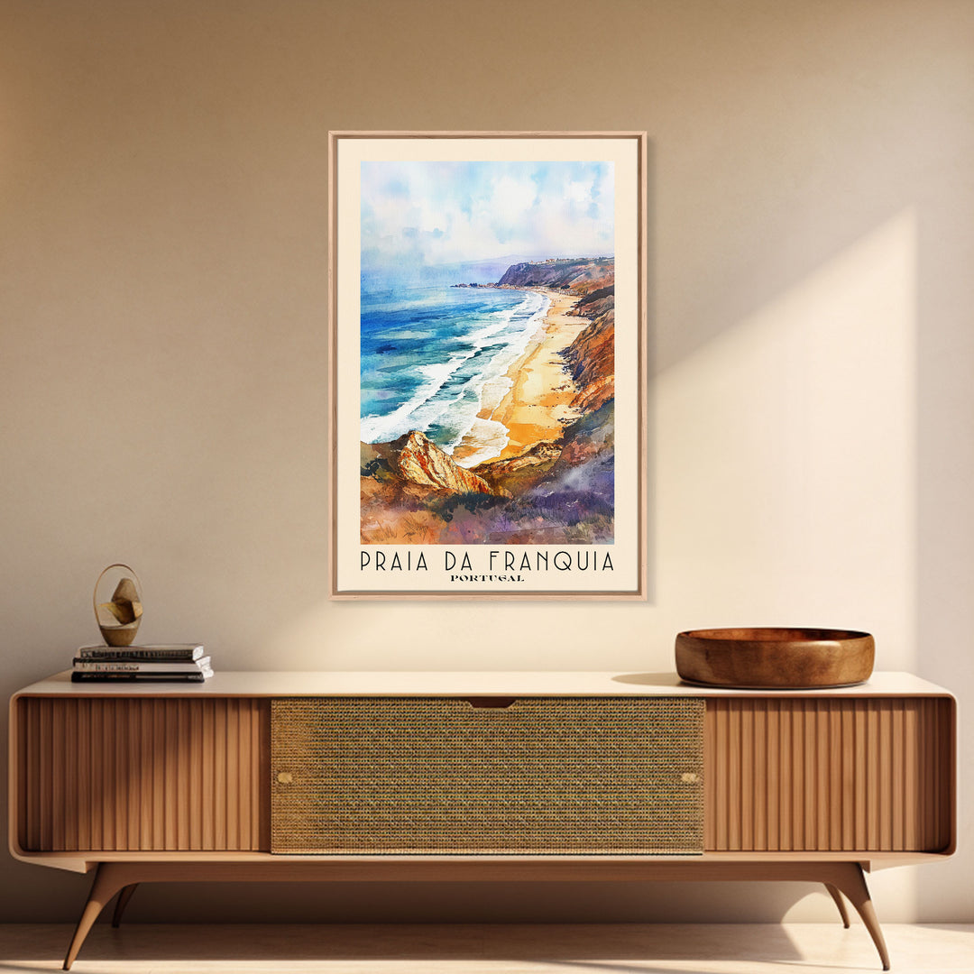Praia da Franquia, Portugal Watercolor Print, Vacation Gift, Portugal Wall Art, Beach Painting, Beach Decor, Large Wall Art, Wood Frame Art