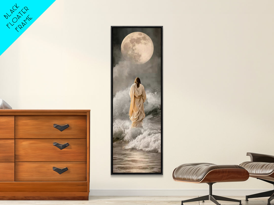 Moonlit Footsteps – Framed Canvas Print – Tall Skinny Art Print – Jesus Painting – Christian Art Canvas – Christian Wall Art