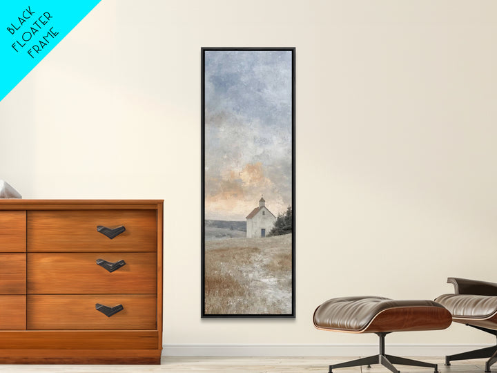 Meadow Chapel Light – Framed Canvas Print – Christian Wall Art – Christian Art Canvas – Vintage Christian Art – Narrow Art – Christian Deco