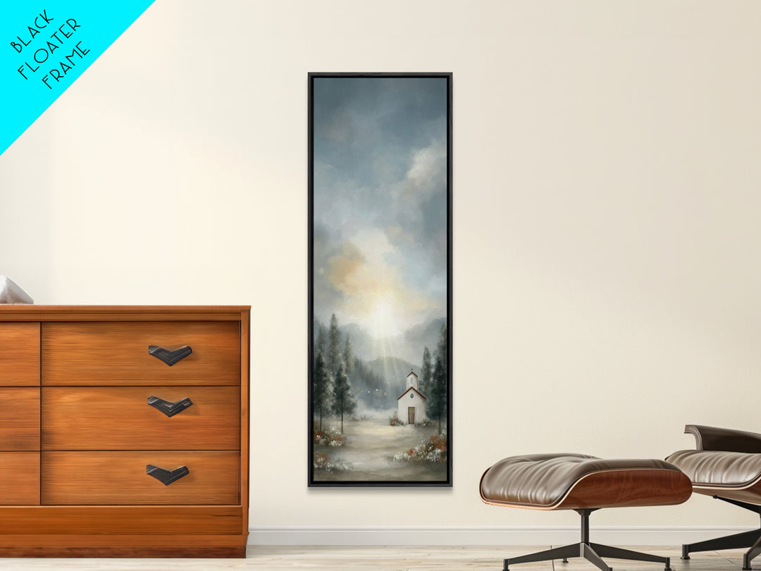 Mountain Chapel Radiance – Framed Canvas Print – Christian Art Canvas – Christian Christmas Art – Christmas Wall Art – Narrow Art – Framed