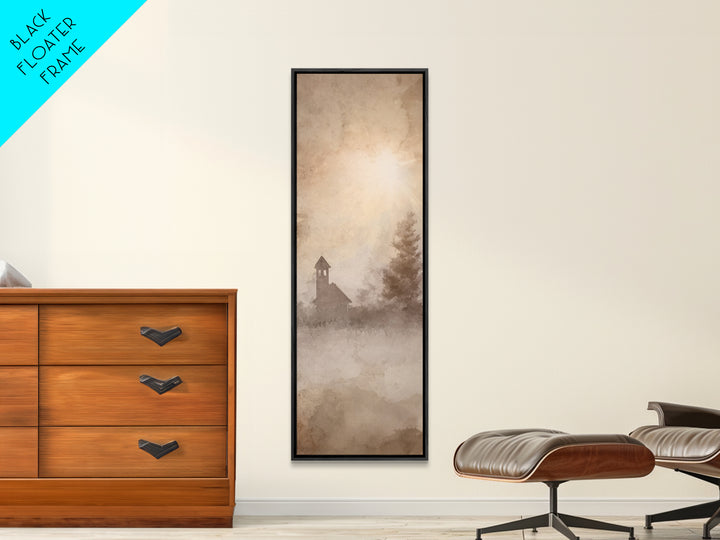 Misty Chapel Glow – Framed Canvas Print – Christian Art Canvas – Christian Wall Art – Christian Christmas Art – Narrow Art – Christian Art