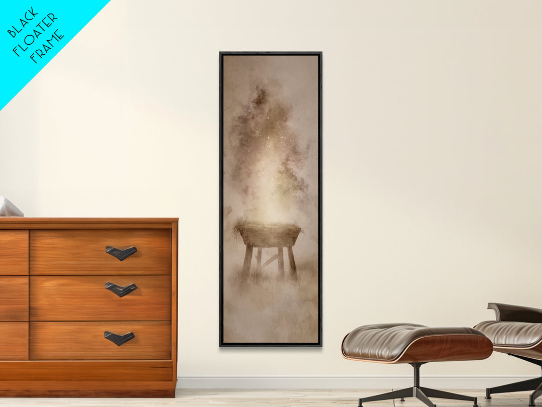Manger Of Light, Framed Canvas Print, Christian Wall Art, Tall Narrow Wall Art, Christmas Art Prints, Christian Christmas Art, Unique Chris