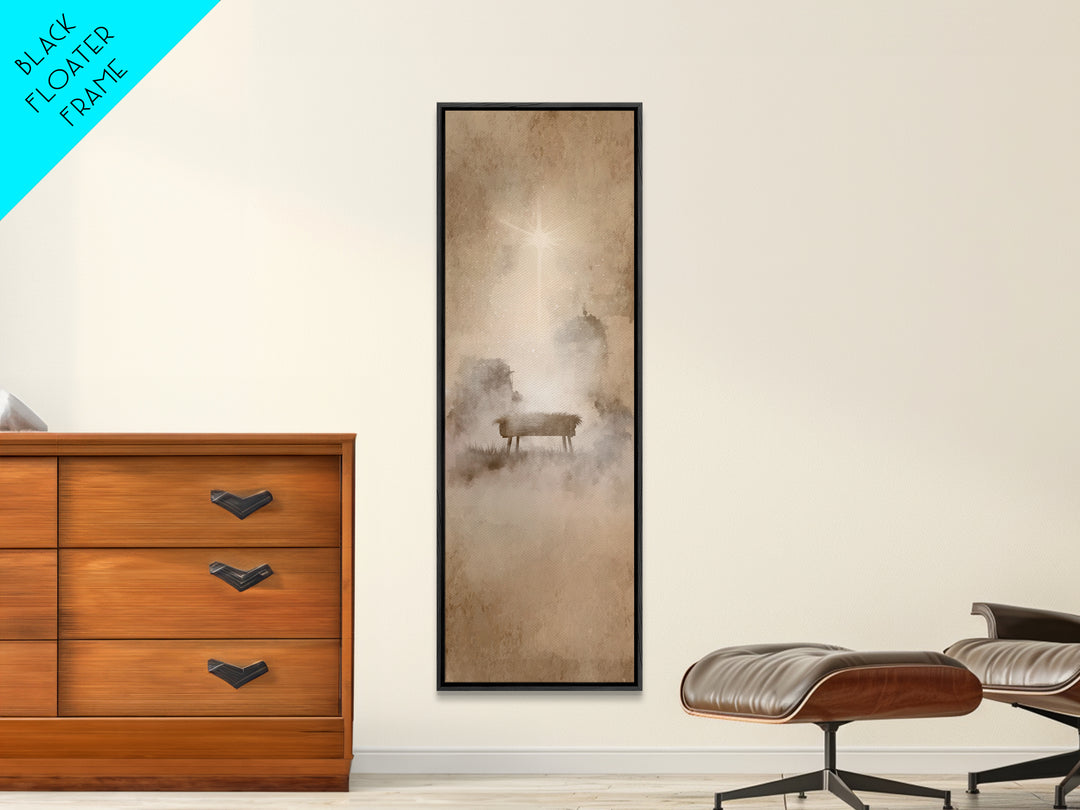 Manger Dawn Glow – Framed Canvas Print – Christian Christmas Art – Christian Wall Art – Narrow Art – Jesus Painting – Christian Art Canvas