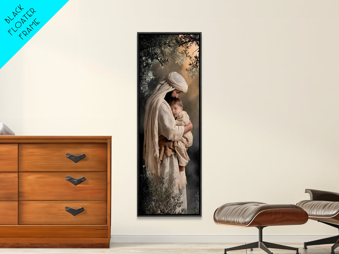 Shepherd’s Quiet Hold | Framed Canvas Print | Christian Wall Art | Jesus Painting | Christian Art Print | Tall Skinny Art Print | Christian