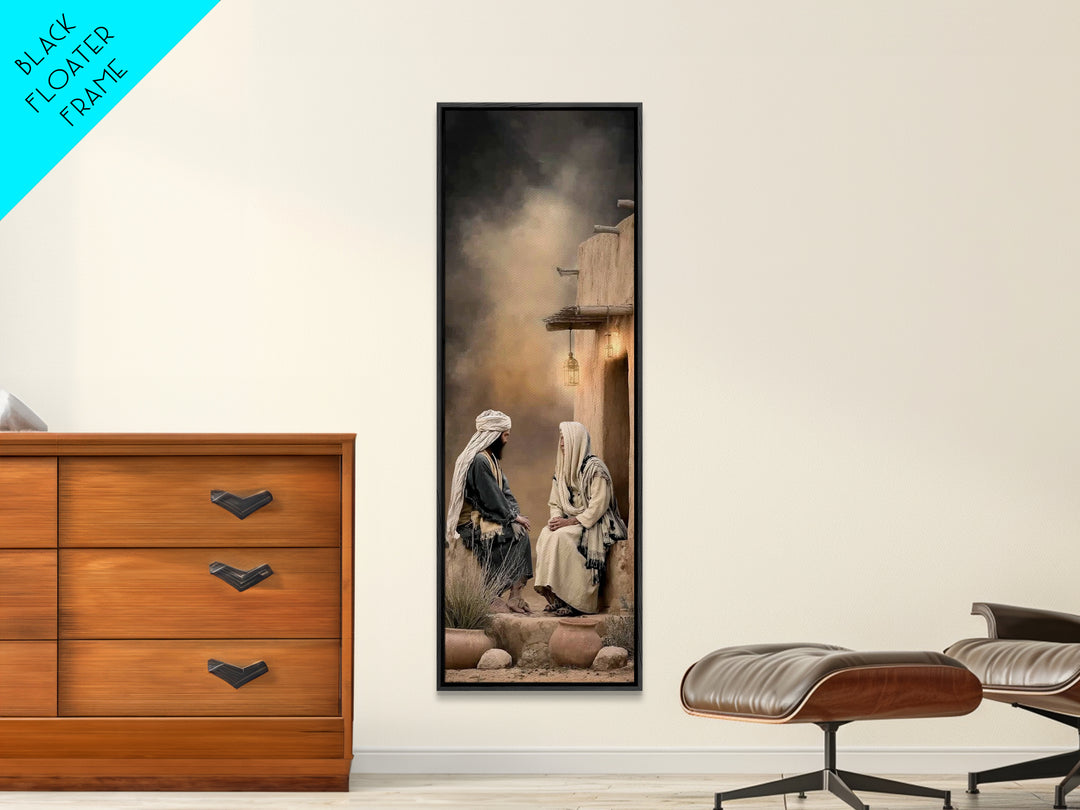 Living Water Meeting – Framed Canvas Print – Narrow Art – Christian Art – Christian Wall Art – Jesus Painting – Christian Art Canvas