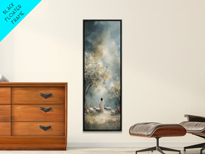 Pastoral Dawn Walk – Framed Canvas Print – Tall Skinny Art Print – Christian Wall Art – Christian Art Canvas – Jesus Painting – Christian C