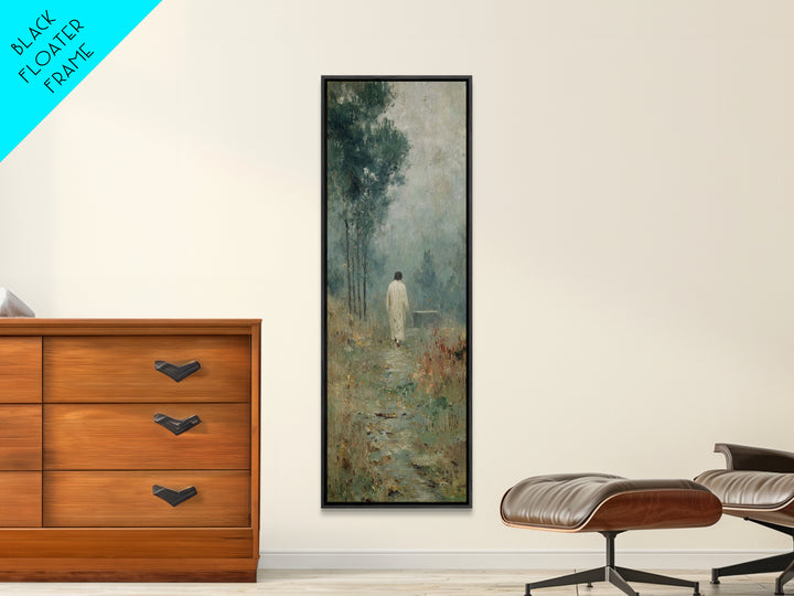 Quiet Meadow Walk, Framed Canvas Print, Christian Wall Art, Jesus Painting, Tall Skinny Art Print, Christian Art Canvas