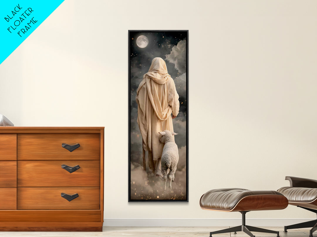 Moonlit Shepherd Walk | Framed Canvas Print | Narrow Art | Christian Wall Art | Jesus Painting | Christian Art Canvas | Christian Art