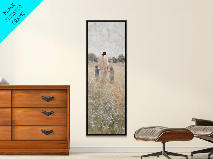 The Meadow Shepherd's Peace - Framed Canvas Print - Tall Narrow Wall Art - Christian Wall Art - Jesus Painting - Christian Art Canvas