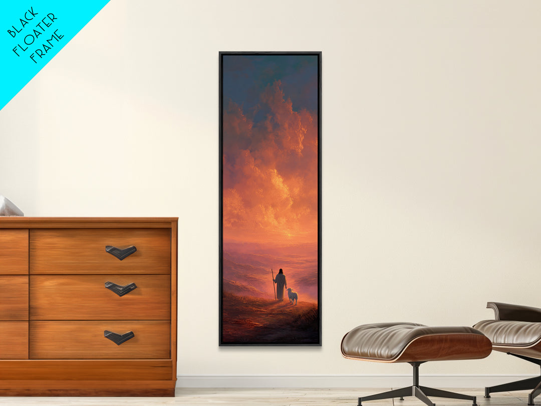 Crimson Sky Shepherd - Framed Canvas Print - Tall Narrow Wall Art - Christian Art - Christian Canvas Art - Jesus Painting - Christian Gift