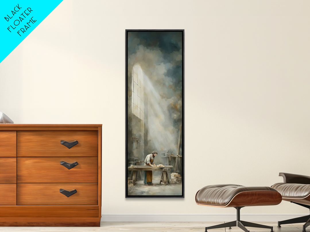 Holy Workshop Glow, Framed Canvas Print, Narrow Art, Christian Art Canvas, Christian Wall Art, Jesus Painting, Moody Christian Art