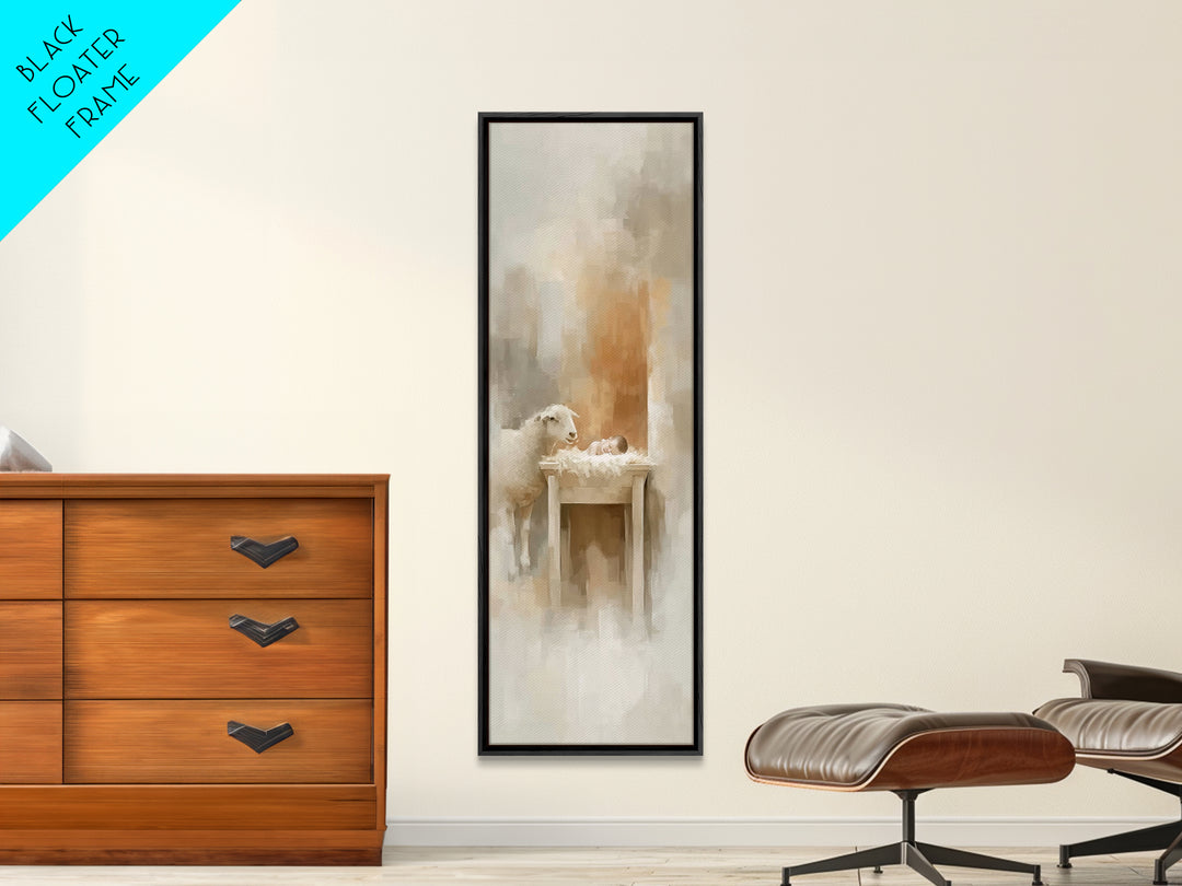 Gentle Manger Love, Framed Canvas Print, Christian Art Canvas, Jesus Painting, Tall Narrow Wall Art, Christian Christmas Art, Christian Wal