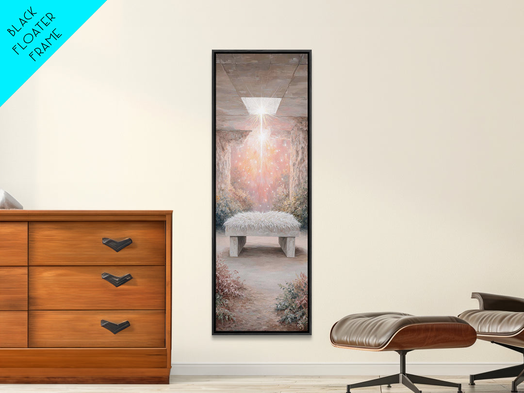 Holy Cradle Glow – Framed Canvas Print – Christian Wall Art – Christian Art Canvas – Christmas Art – Narrow Art