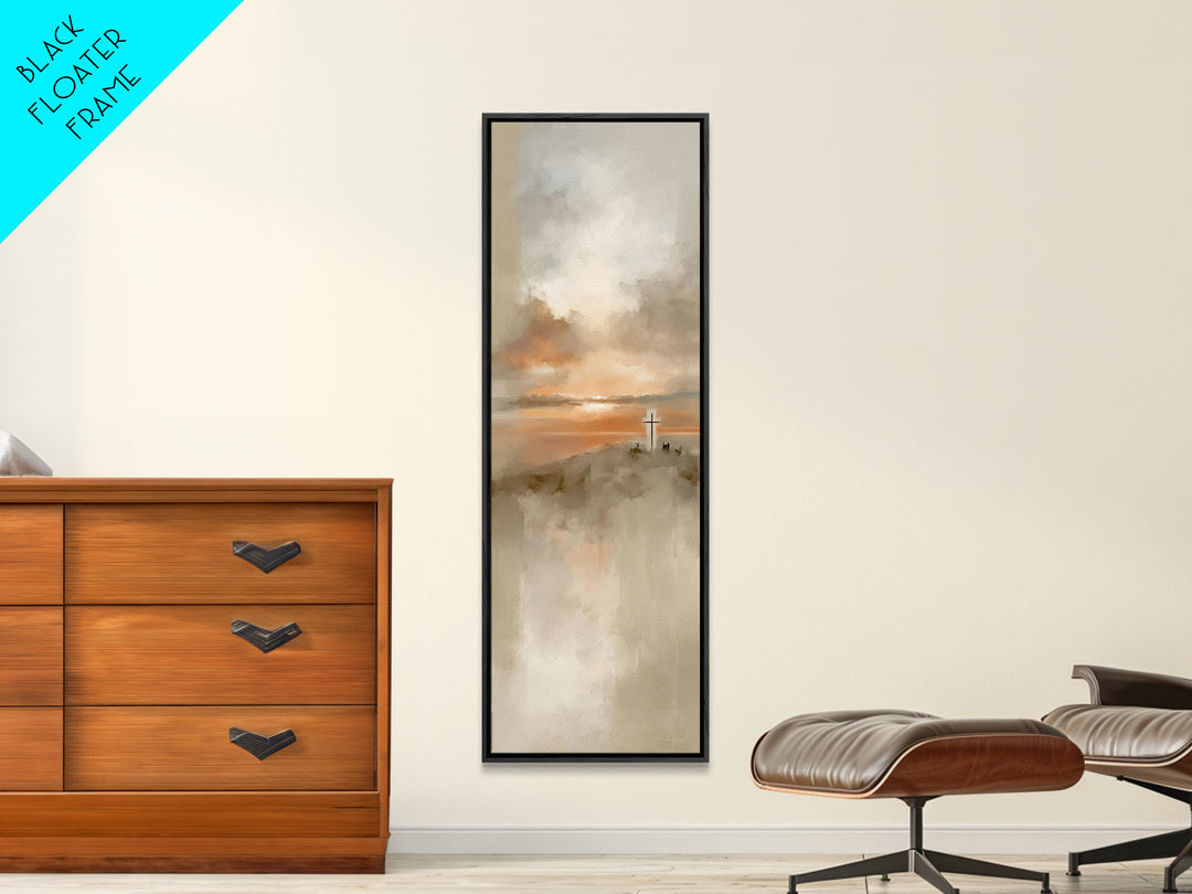 Cross At Sunset, Framed Canvas Print, Christian Wall Art, Skinny Art, Christian Art Canvas, Modern Christian Art, Christian Gift Ideas, Chr