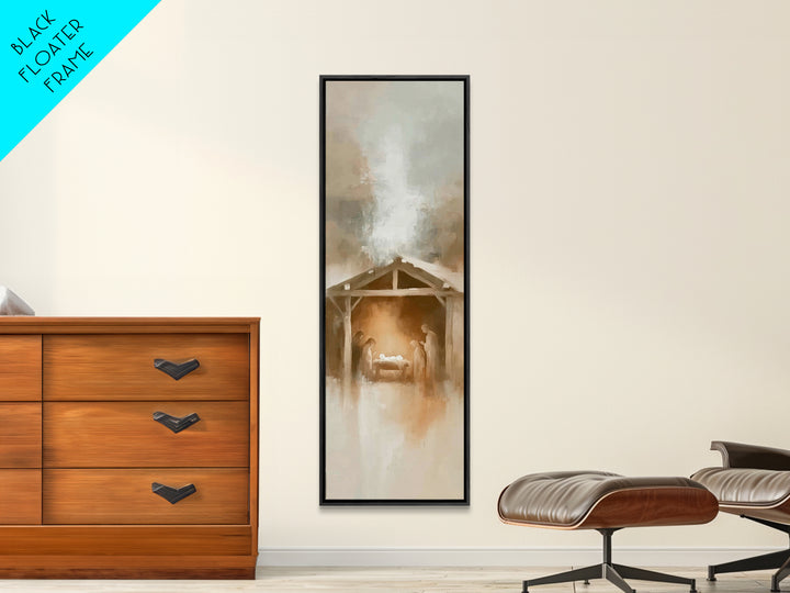 Manger Moon Night – Framed Canvas Print – Narrow Art – Christian Art Canvas – Christmas Art – Jesus Painting – Christian Christmas Art