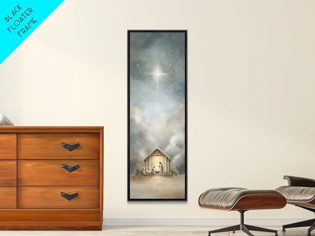 Radiant Stable Peace – Framed Canvas Print – Tall Narrow Wall Art – Christian Art Canvas – Jesus Art – Christian Christmas Art – Jesus Pain