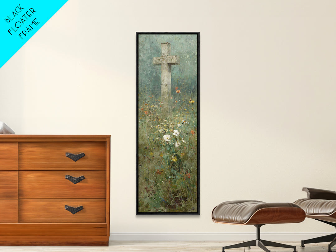 Cross In Bloom, Framed Canvas Print, Christian Art Canvas, Christian Wall Art, Vintage Christian Art, Christian Painting, Tall Narrow Wall