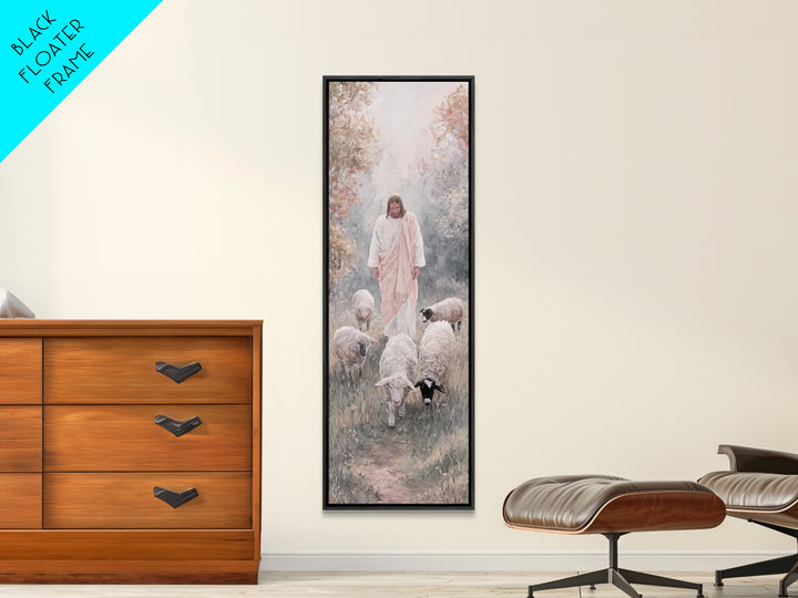 Gentle Shepherd Walk – Framed Canvas Print – Tall Skinny Art Print – Jesus Painting – Christian Art Canvas – Christian Wall Art – Modern Ch