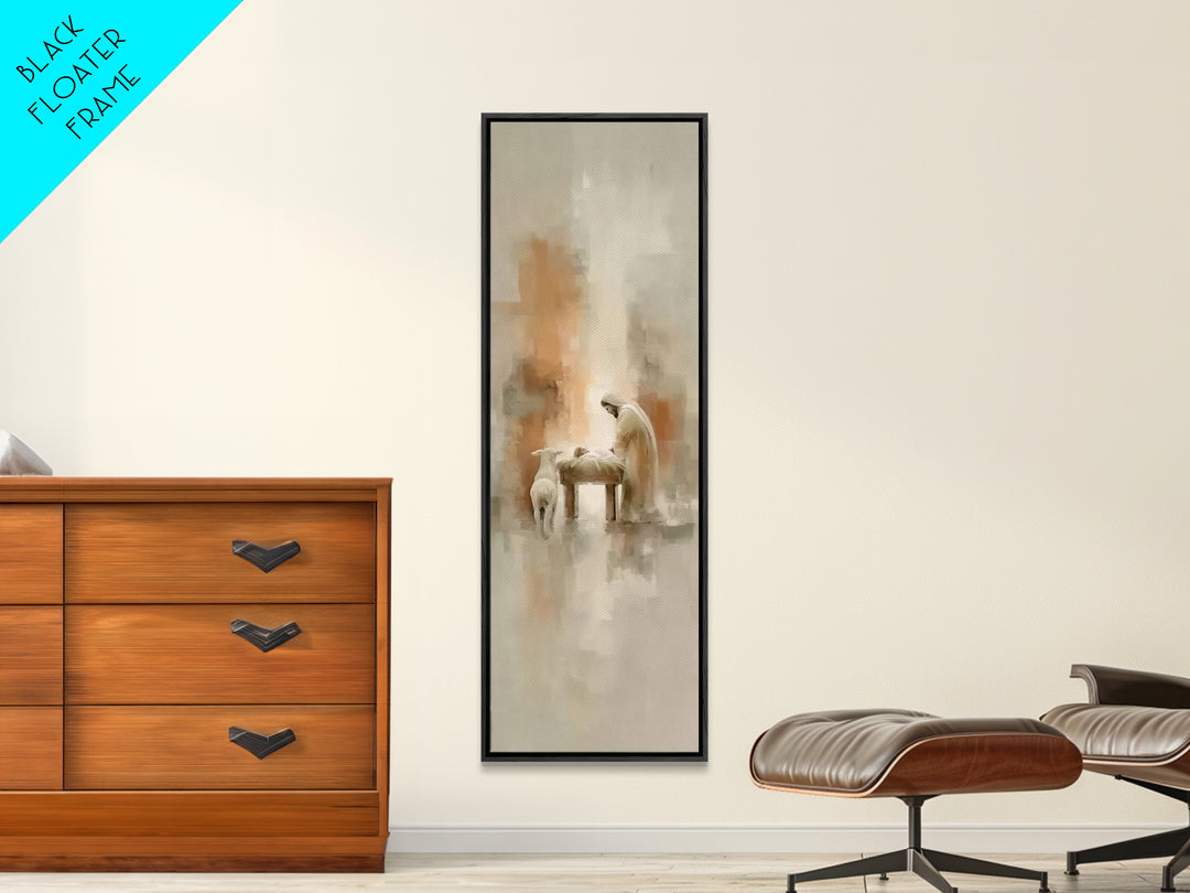 Humble Manger Peace – Framed Canvas Print – Christian Wall Art – Tall Narrow Wall Art – Christian Art Print – Christmas Art – Jesus Paintin