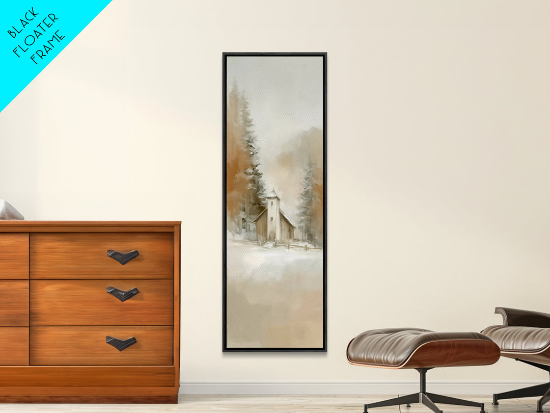 Snowy Chapel Peace – Framed Canvas Print – Christian Wall Art – Christian Art – Christmas Art – Tall Narrow Wall Art – Christian Decor