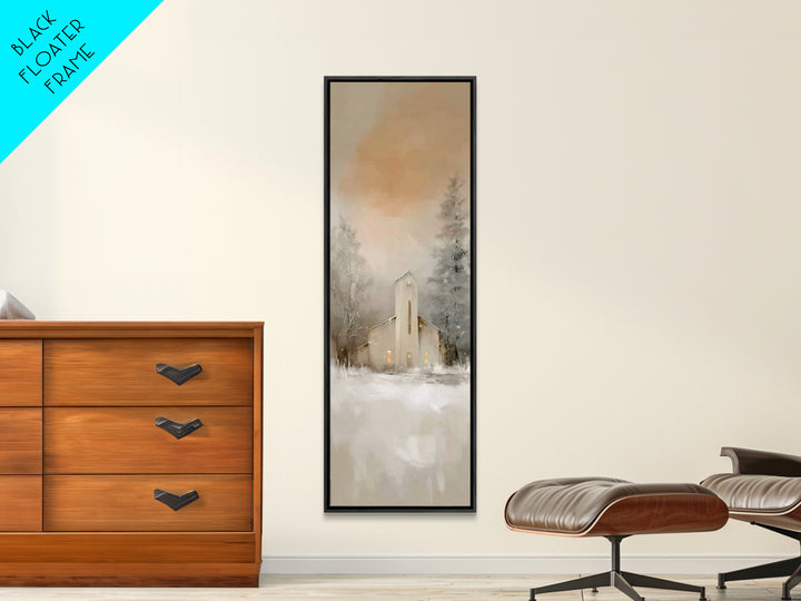 Evening Chapel Calm, Framed Canvas Print, Skinny Art, Christian Wall Art, Christian Christmas Art, Christmas Art Work, Framed Christian Art