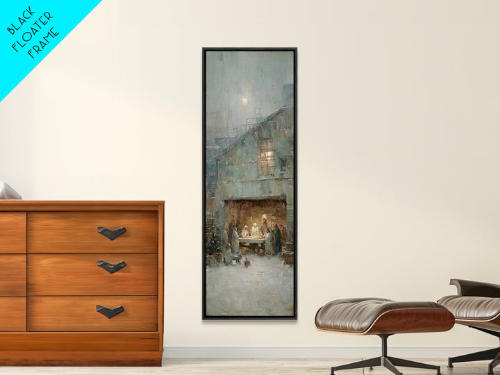 Humble Stable Night – Framed Canvas Print – Christmas Wall Art – Christian Art Canvas – Tall Skinny Art Print – Vintage Christmas Art