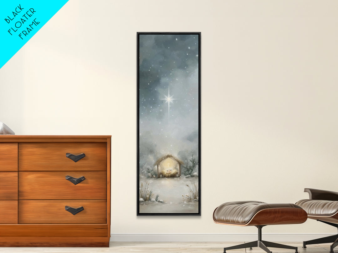 Silent Manger Light - Framed Canvas Print - Christian Christmas Art - Christian Wall Art - Christmas Art - Narrow Art - Christian Art Canva