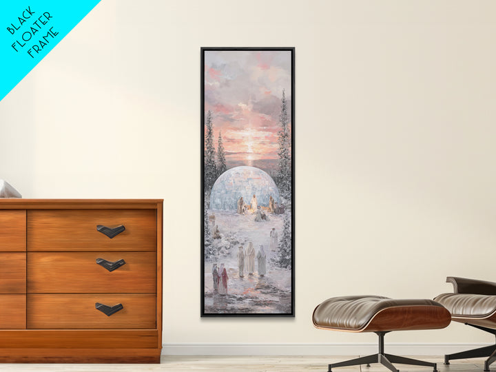Winter Nativity Gathering - Framed Canvas Print - Christian Art Canvas - Christian Wall Art - Christmas Art - Narrow Art - Christian Christ