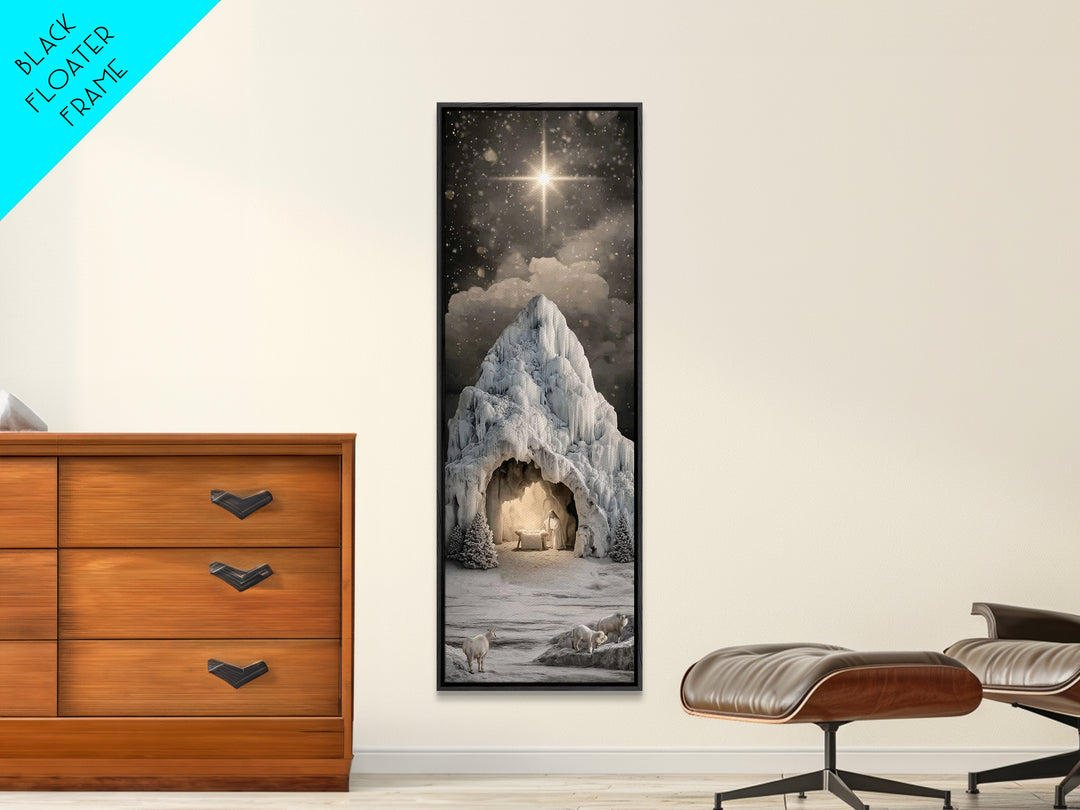 Icy Cavern Nativity, Framed Canvas Print, Christian Wall Art, Christian Christmas Art, Christmas Art, Tall Narrow Wall Art, Christian Art C