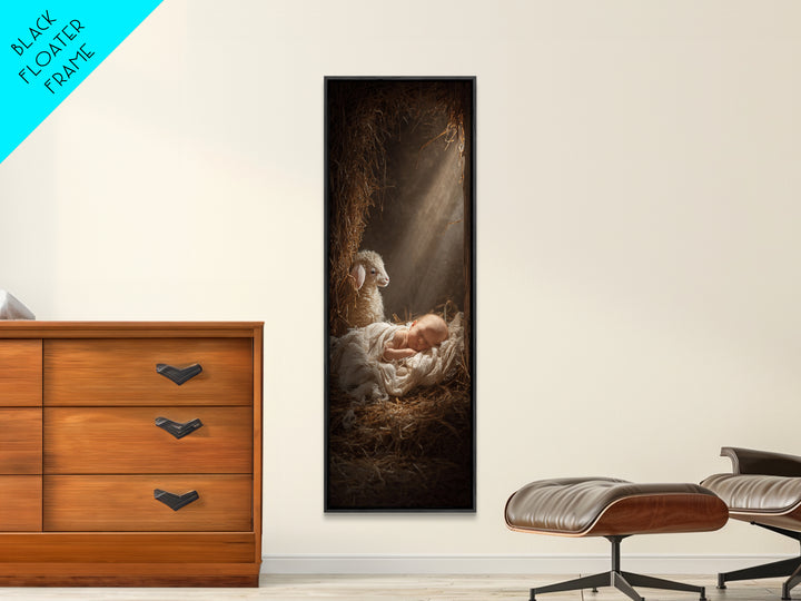 Humble Cradle Light – Framed Canvas Print – Tall Skinny Art Print – Christian Wall Art – Christian Art Work – Christmas Art