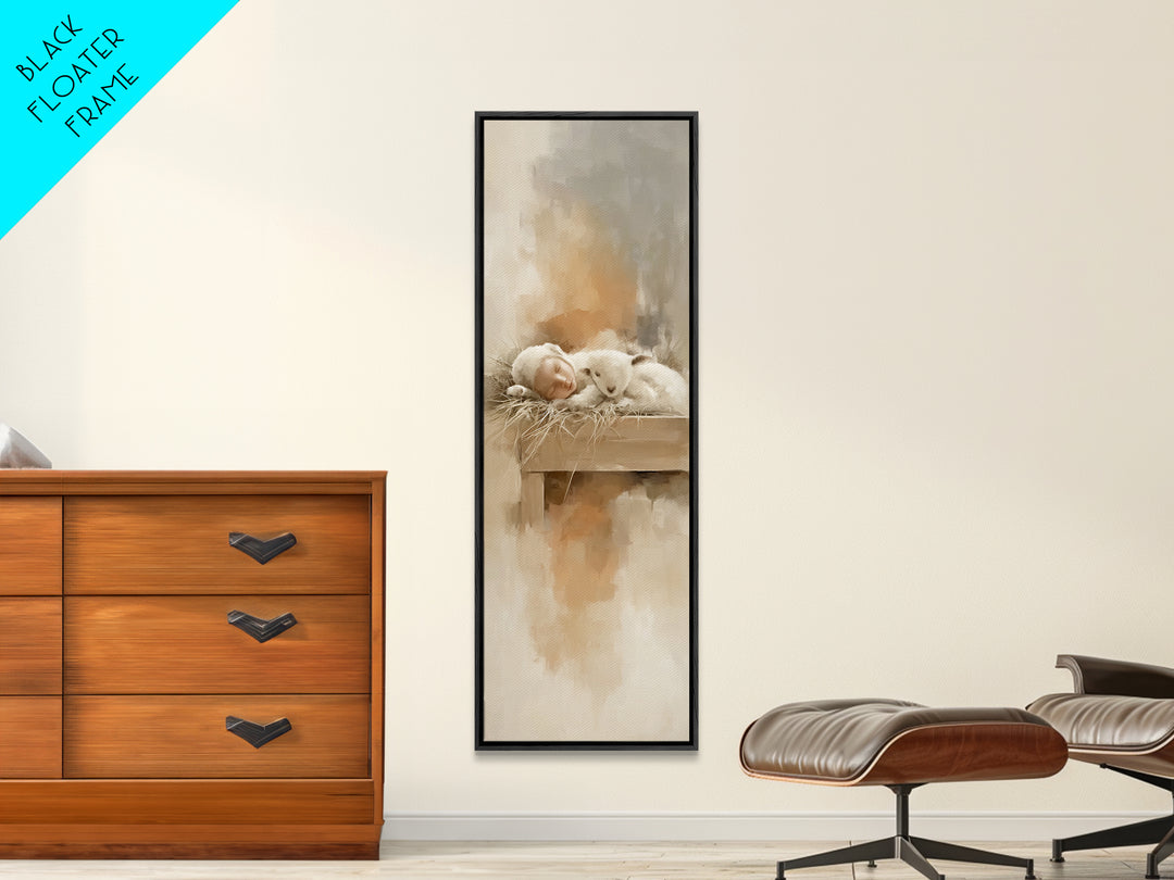 Soft Lamb Blessing – Framed Canvas Print – Tall Narrow Wall Art – Christian Art Prints – Christian Christmas Art – Jesus Painting
