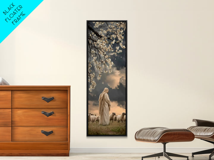 Quiet Shepherd Light, Framed Canvas Print, Christian Art Print, Jesus Wall Art, Skinny Art, Christian Christmas Decor, Christian Painting
