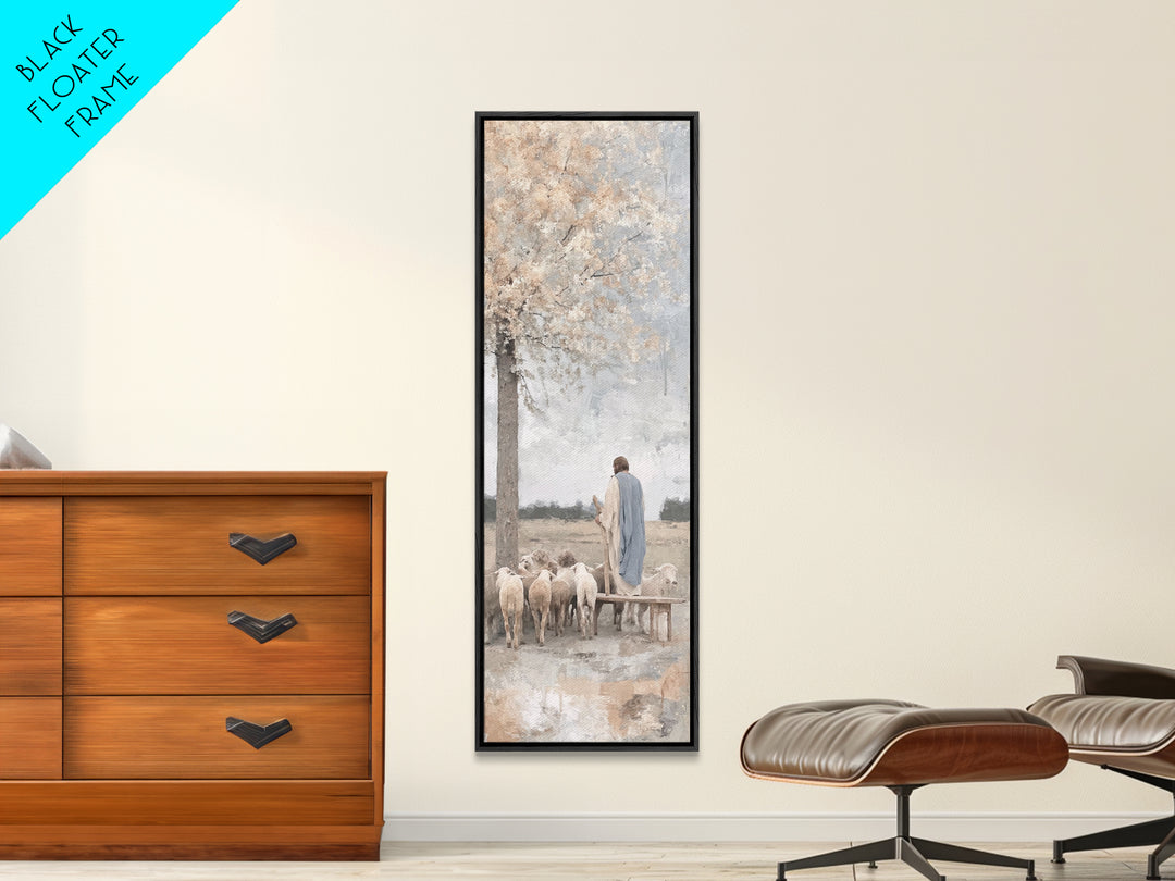 Riverside Shepherd Calm, Framed Canvas Print, Tall Narrow Wall Art, Christian Art Canvas, Jesus Painting, Christian Christmas Art, Christia