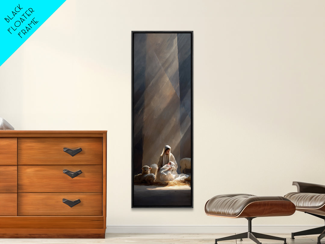 Blessed Nativity Light – Framed Canvas Print – Tall Skinny Art Print – Christian Christmas Art – Christian Wall Art – Christmas Canvas Wall
