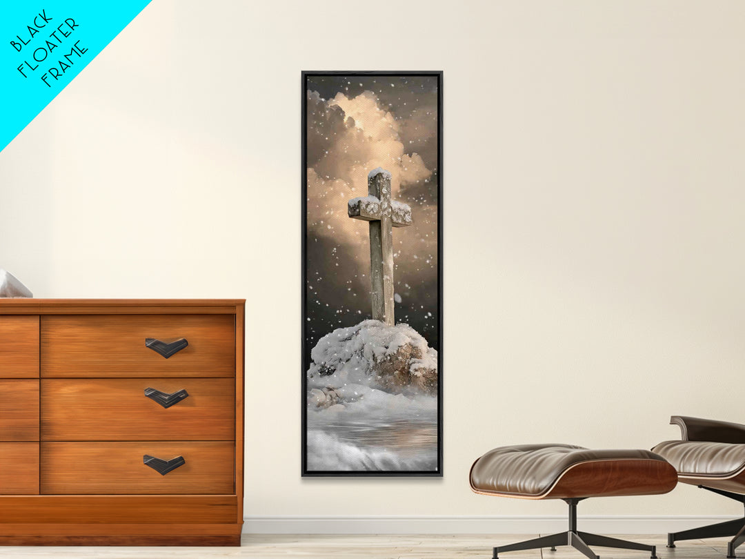 Icy Cross Radiance – Framed Canvas Print – Narrow Art – Christian Art Work – Christian Wall Art – Christian Christmas Art – Christian Paint