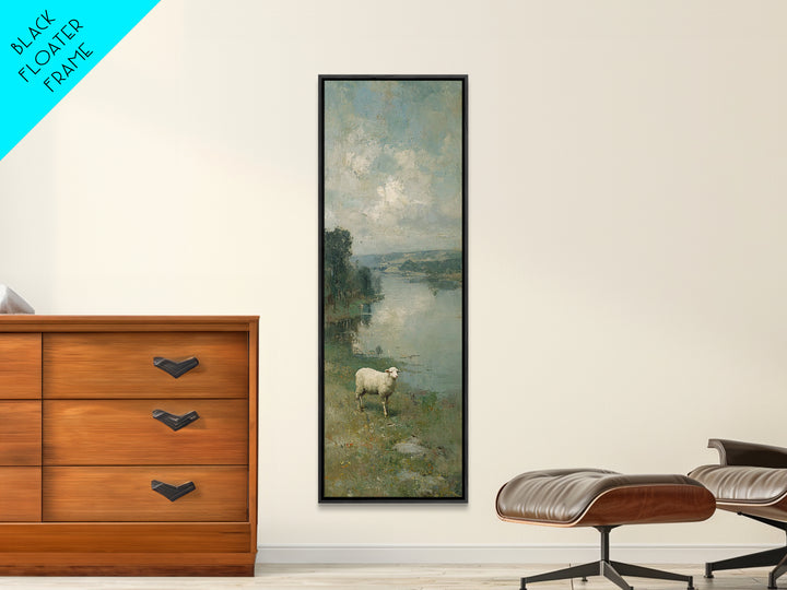 Riverbank White Lamb | Framed Canvas Print | Christian Art Canvas | Christian Wall Art | Skinny Art | Vintage Christian Art | Christian Dec